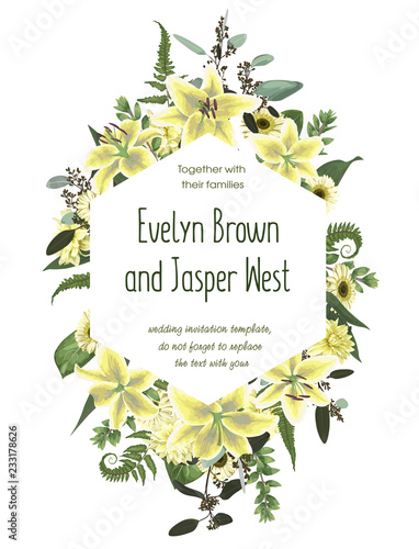 Wedding floral invitation, invite card. Vector watercolorgreen forest leaf, fern, branches boxwood, buxus, eucalyptus. Flowers of yellow, white lily, gerbera, dahlia.. Botanical decorative