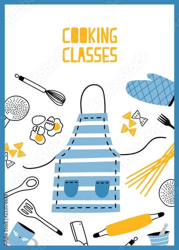 Flyer or poster template with kitchen utensils, tools and equipment for meals preparation. Colored vector illustration in flat style for cooking school, classes or lessons advertising, promo.