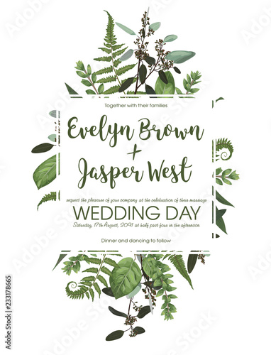 Wedding floral invitation, invite card. Vector watercolor set green forest fern, herbs, eucalyptus, branches boxwood, buxus. Natural, botanical decorative frame, border, square