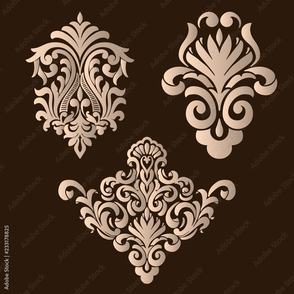 Vector set of damask ornamental elements. Elegant floral abstract elements for design. Perfect for invitations, cards etc.