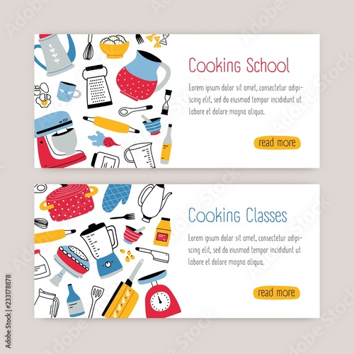 Bundle of modern web banner templates with kitchen utensils, tools and place for text. Colorful vector illustration in flat style for cooking school, classes or lessons advertisement, promotion.