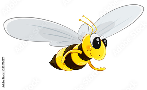 Character yellow wasp in stripes flies to collect honey. Isolated on white background. EPS10 vector illustration.