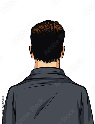 Vector color illustration of a man rear view isolated on white background. Silhouette of a man in a gray suit. Stylish man with hair styling in a business suit. View of a man from the back