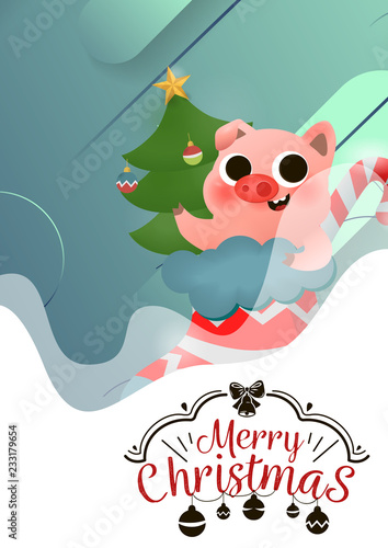 Merry Christmas and Happy New Year of pig with lettering text logo