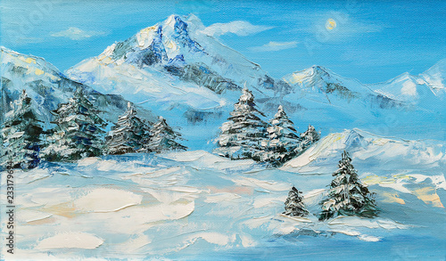 Original oil painting, winter mountain landscape with spruce