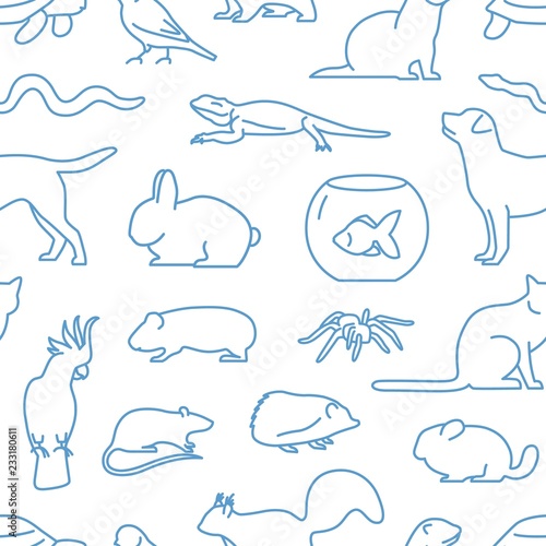Monochrome seamless pattern with pets drawn with contour lines on white background. Backdrop with domestic animals. Vector illustration in linear style for wrapping paper, wallpaper, textile print.