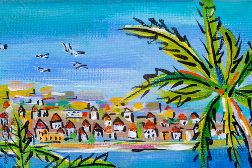 Details of acrylic paintings showing colour, textures and techniques. Dufy style french coastal scene detail with palm tree and distant houses. photo