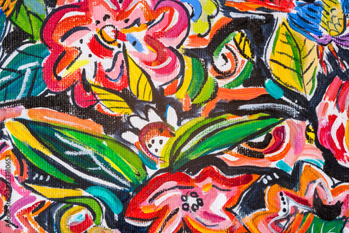 Details of acrylic paintings showing colour, textures and techniques. Expressionistic flowers fabric design.