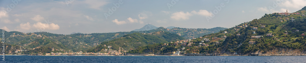 Panoramic view of the seaside town of Moneglia on the Ligurian coast in Italy, as seen from the sea