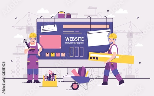 Pair of servicemen or repairmen holding and carrying repair tools against computer monitor on background. Concept of website under construction, web page maintenance or error 404. Vector illustration.