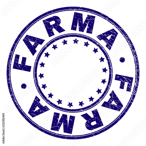 FARMA stamp seal watermark with distress texture. Designed with circles and stars. Blue vector rubber print of FARMA label with retro texture.