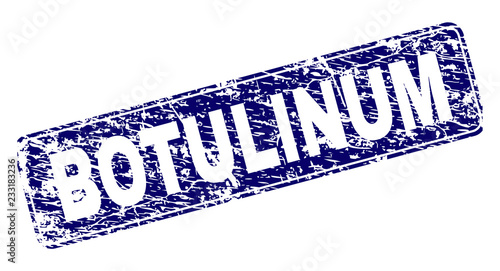 BOTULINUM stamp seal print with grunge texture. Seal shape is a rounded rectangle with frame. Blue vector rubber print of BOTULINUM text with grunge texture.