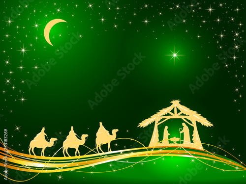 Christian Christmas on Green Background with Birth of Jesus and Star