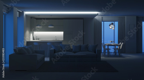 Modern house interior. Evening lighting. Night. 3D rendering.