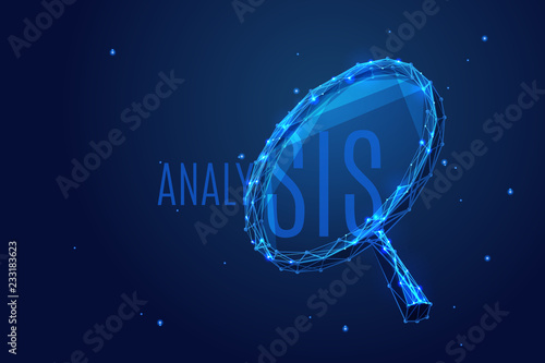 A magnifying glass composed of polygons. Low poly vector illustration of a starry sky style. Analysis or Search symbol. Business or Internet technology concept.