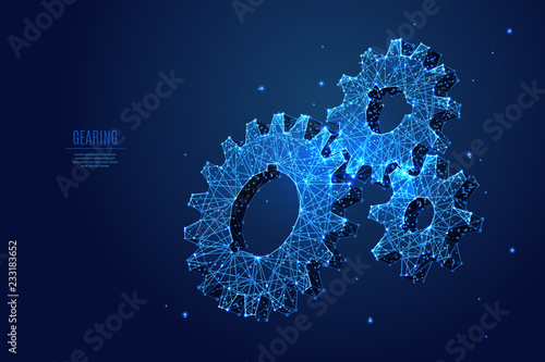 A gearing composed of polygons. Low poly vector illustration of a starry sky or Comos. The Gears consists of lines, dots and shapes. Mechanical technology machine engineering symbol.