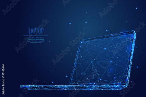 A laptop composed of polygons. Low poly vector illustration of a starry sky style. Notebook consists of lines, dots and shapes. Internet or digital or devices and computer symbol.