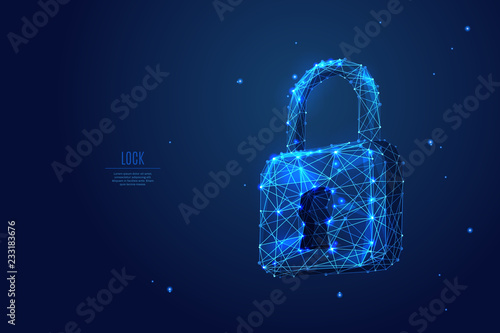 Abstract closed lock without key on dark blue background. Protect or security symbol composed of polygons. Low poly vector illustration of a starry sky or Comos, consists of lines, dots and shapes.