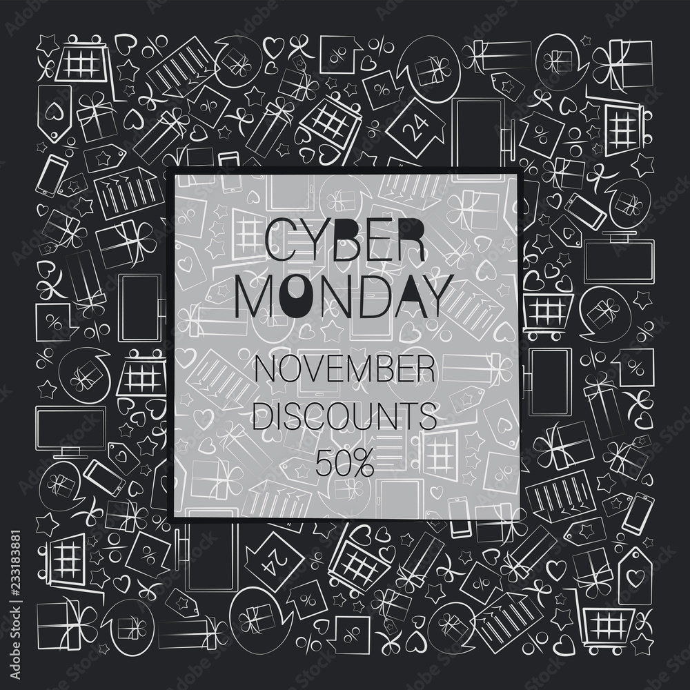 NOVEMBER DISCOUNTS. CYBER MONDAY. White signs with the inscription in a square. Web banner, logo, emblem and label. Inscription design template with contrasting signs, bright signboard, poster.