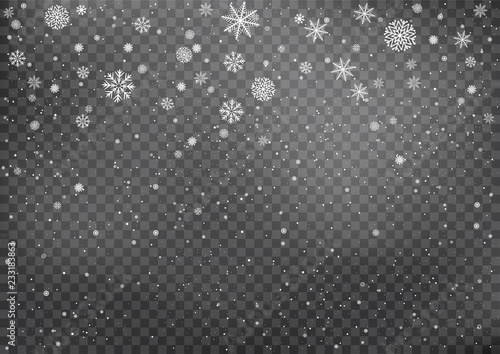 Snowfall on black transparent background. Winter snowy design. Different snowflake falling from the cloud in dark. Christmas and New Year eve