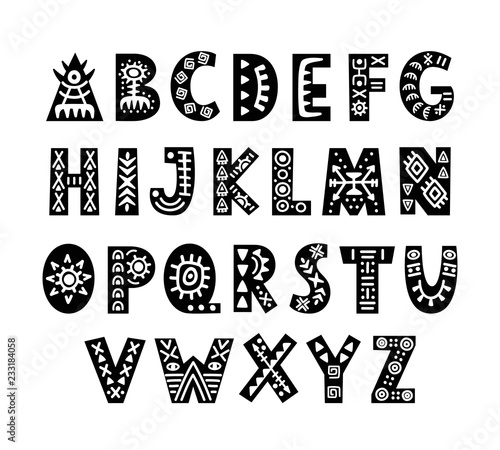 Vector Hand drawn African Tribal Font. Folk Scandinavian Script