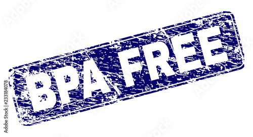 BPA FREE stamp seal imprint with grunge style. Seal shape is a rounded rectangle with frame. Blue vector rubber print of BPA FREE caption with dust style.