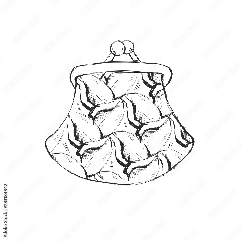 Contour Line Drawing. Coloring for kids. Hand drawn picture. Purse