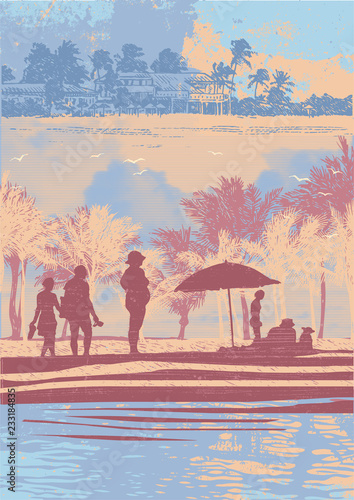 Beach vacation. Decorative background in the style of collage and scrapbooking with a people on the beach, palms and textures. A place for your text on a vacation and beach holiday. Vector