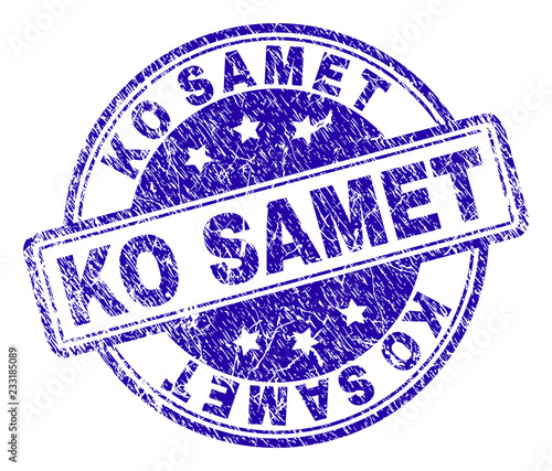 KO SAMET stamp seal imprint with distress texture. Designed with rounded rectangles and circles. Blue vector rubber print of KO SAMET tag with scratched texture.