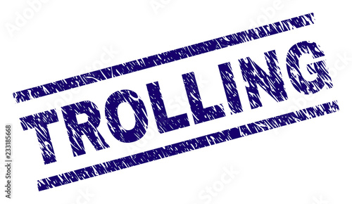 TROLLING seal print with distress style. Blue vector rubber print of TROLLING text with unclean texture. Text tag is placed between parallel lines.