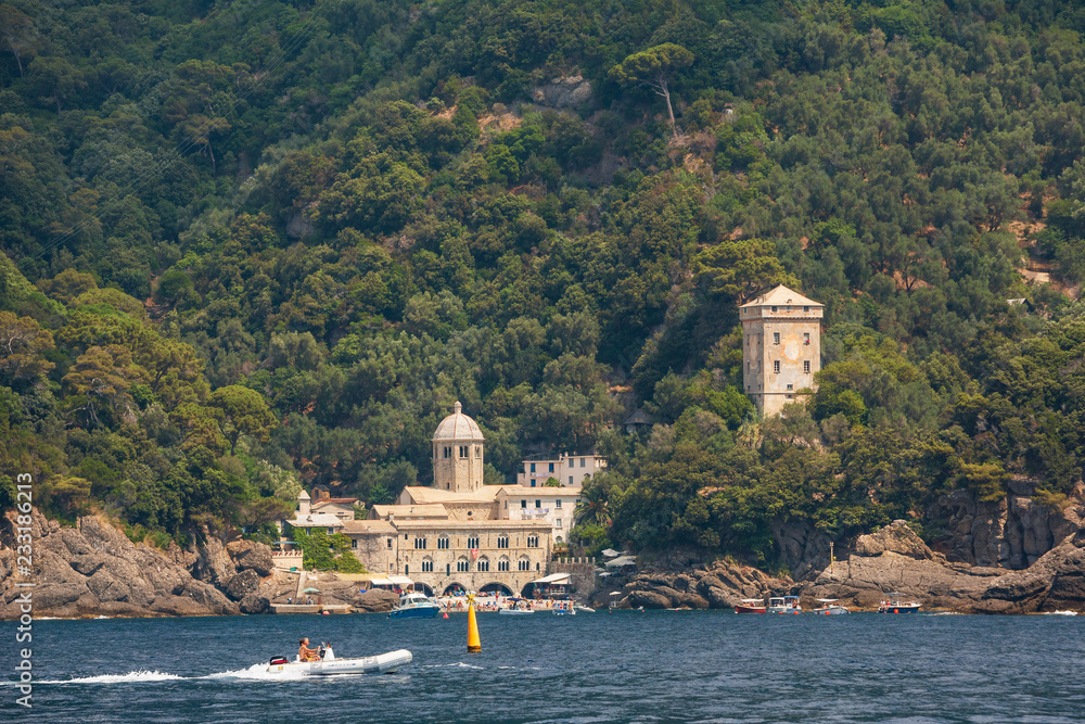 Naklejka premium The stunning little town of San Fruttuoso near Camogli on the Ligurian coast, which can only be reached by ferry or by foot