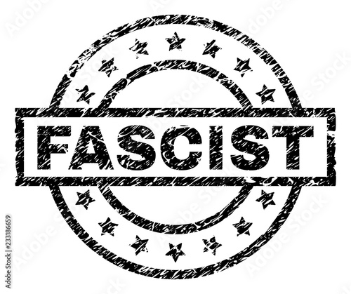 FASCIST stamp seal watermark with distress style. Designed with rectangle, circles and stars. Black vector rubber print of FASCIST label with dirty texture.