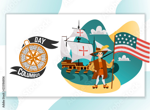 Columbus Day poster with Columb and Santa Maria card text logo design template,