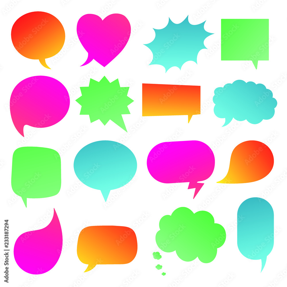 16 Speech bubbles gradient flat style design another shapes without texts hand drawn comic cartoon style set vector illustration isolated on white background. Round, cloud, square, heart, rectangle...