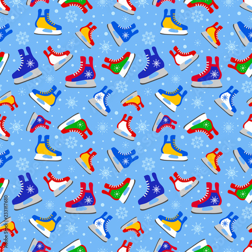 Cute ice skating vector print. Winter activities template wallpaper. Ice skates vector illustration. Seamless pattern. Blue background with snow and snowflakes.