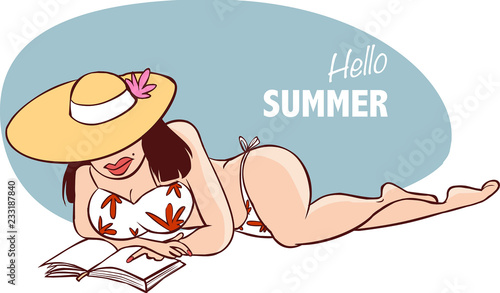 white background vector illustration of a  Beautiful woman sunbathing