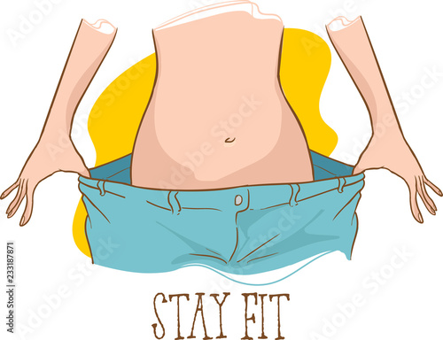 Fit young woman in loose jeans after losing weight isolated on yellow background