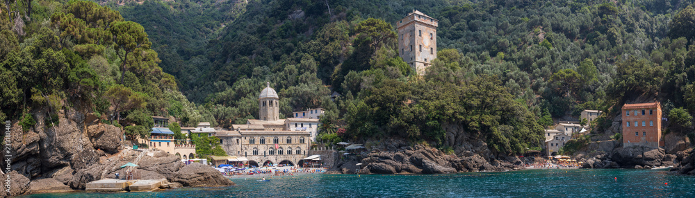 Panoramic view of the stunning little town of San Fruttuoso near Camogli on the Ligurian coast, which can only be reached by ferry or by foot
