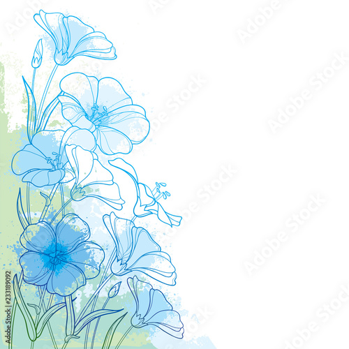 Vector corner bouquet with outline Flax plant or Linseed or Linum. Flower bunch, bud and leaf in pastel blue and green on the white background. Ornate contour Flax for summer design. 