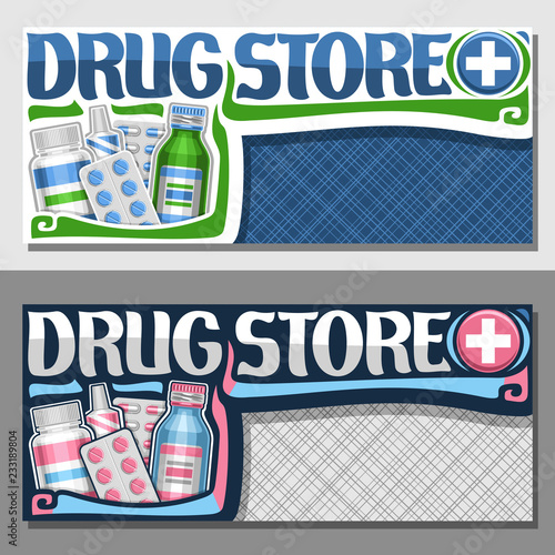 Vector banners for Drug Store with copy space, green and blue vials, medical ointment, red aspirin tablets and medical supplies, original brush typeface for words drug store, flyers for drugstore.