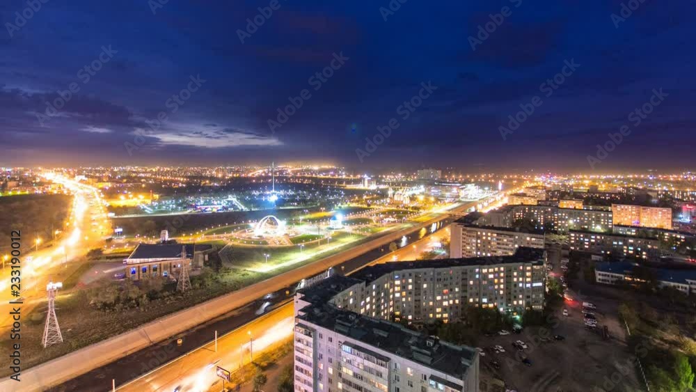 Park named after the First President of the Republic of Kazakhstan in the city of Aktobe day to night timelapse. Western Kazakhstan. Park named after the First President of the Republic of Kazakhstan in the city of Aktobe day to night timelapse. Western Kazakhstan.