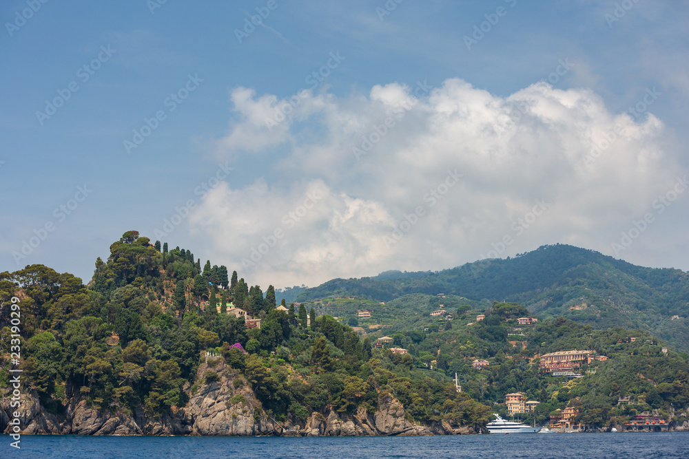 Buildings on the cliffs overlooking the beautiful harbour at Portofino on the Ligurian coast, Italy