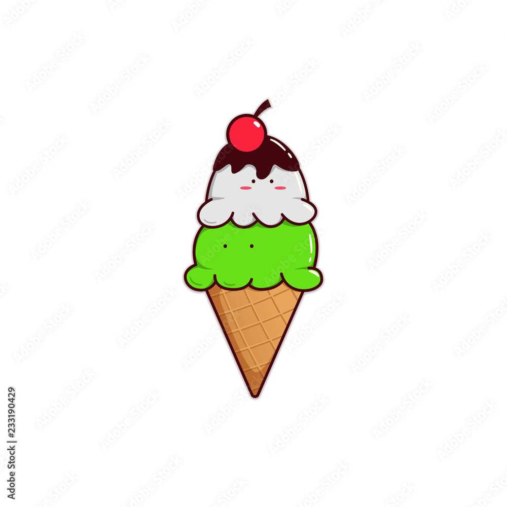 Green and white cute cone ice cream with cherry and chocolate sauce Green and white cute cone ice cream with cherry and chocolate sauce