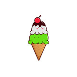 Green and white cute cone ice cream with cherry and chocolate sauce
