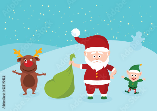 Santa Claus in winter landscape vector. Santa claus with friends. Santa, reindeer and elf in a snowy landscape. Christmas cartoon characters