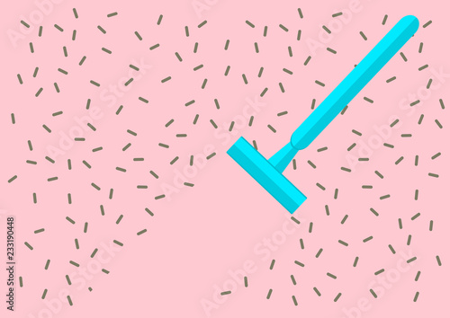Blue blade razor with hair moving concept on pastel pink background