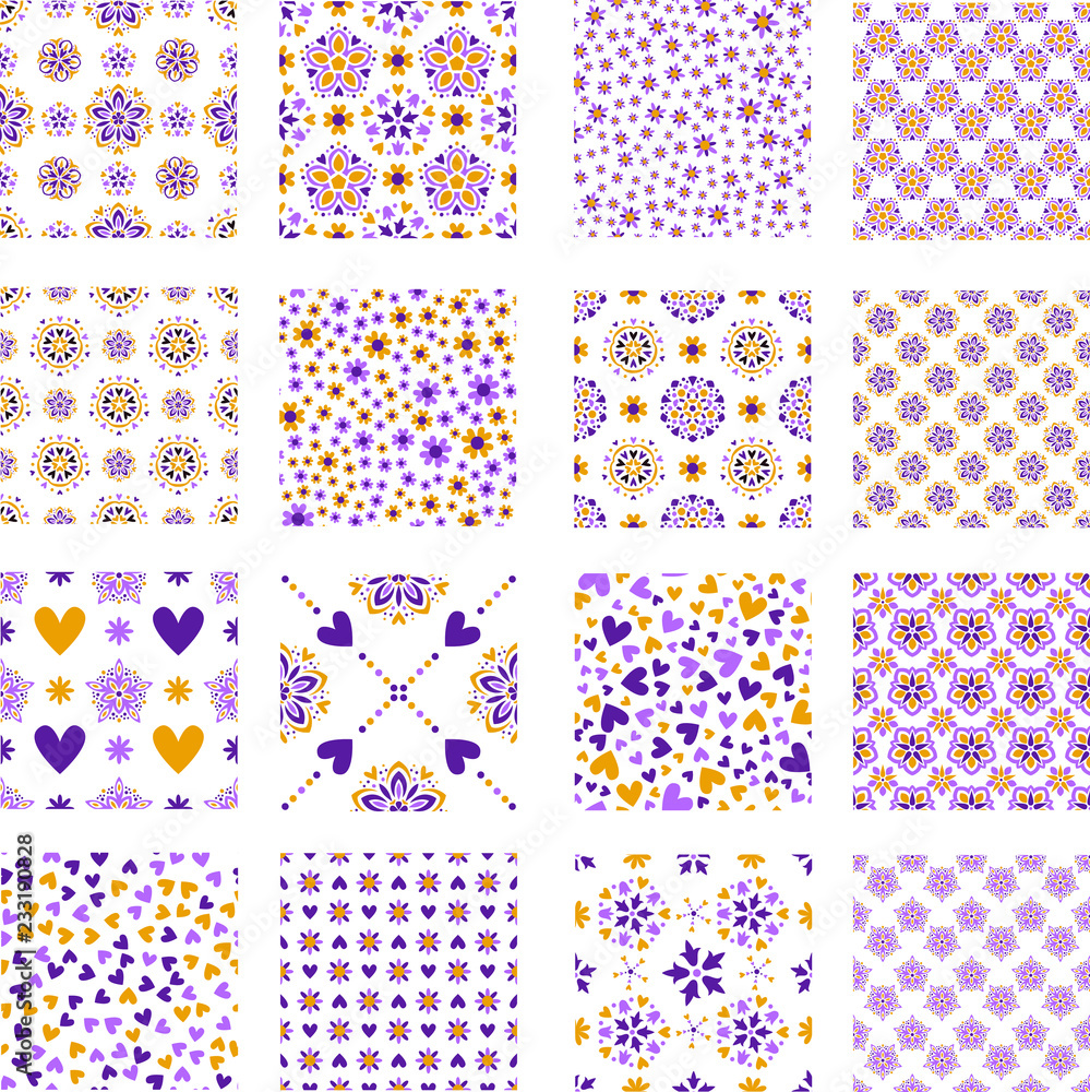 Seamless tiling vector texture or pattern collection with lilac and orange abstract flowers, hearts and ornaments isolated over white background Seamless tiling vector texture or pattern collection with lilac and orange abstract flowers, hearts and ornaments isolated over white background