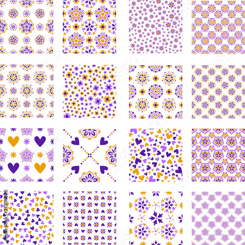 Seamless tiling vector texture or pattern collection with lilac and orange abstract flowers, hearts and ornaments isolated over white background