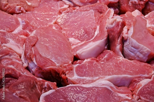 Pieces of pork meat, close up ,in fresh market for sale
