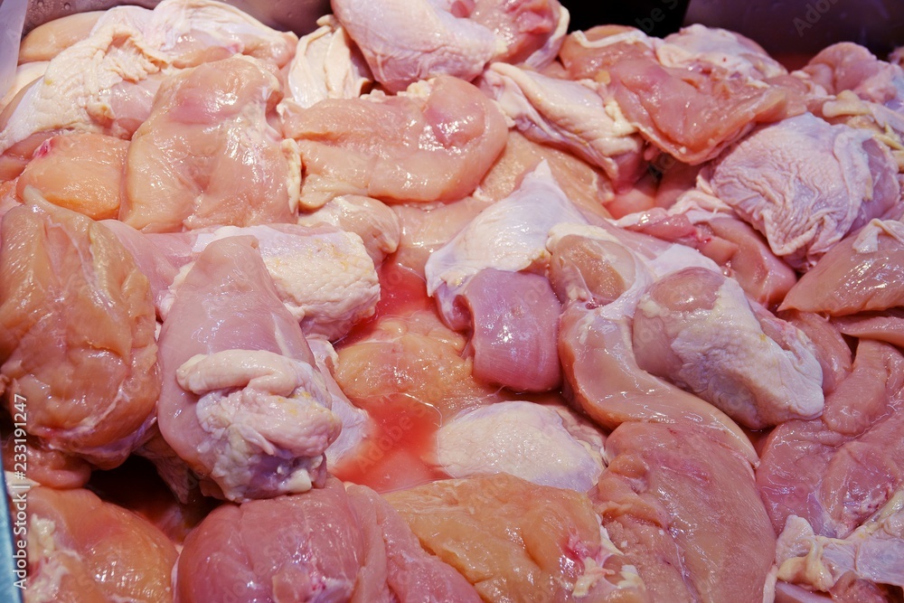 Pieces of raw chicken, close up ,in fresh market for sale Pieces of raw chicken, close up ,in fresh market for sale